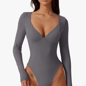 Women Long Sleeve Bodysuit V Neck Body Suits Seamed Cup Going Out Tops Shirt XL